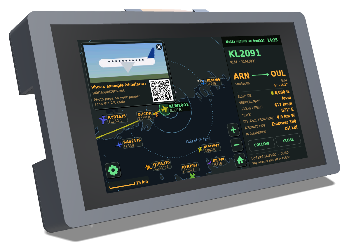 The display in its 3D-printed case, showing a flight from Stockholm to Oulu in dark mode