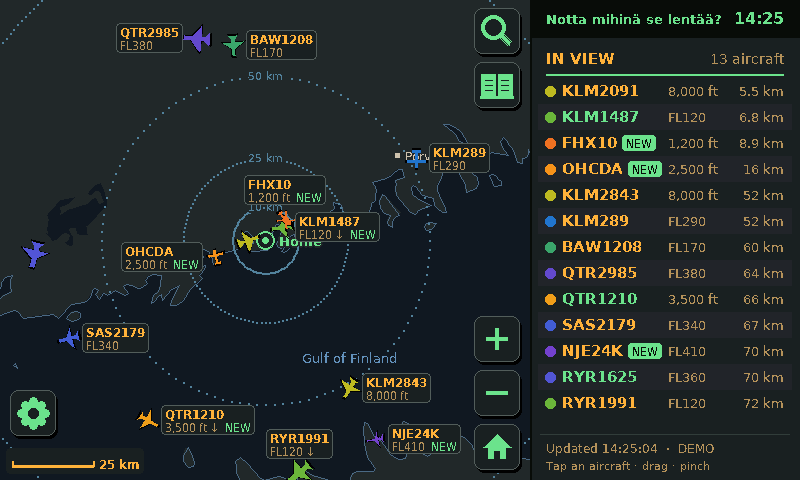 Map with planes around Helsinki