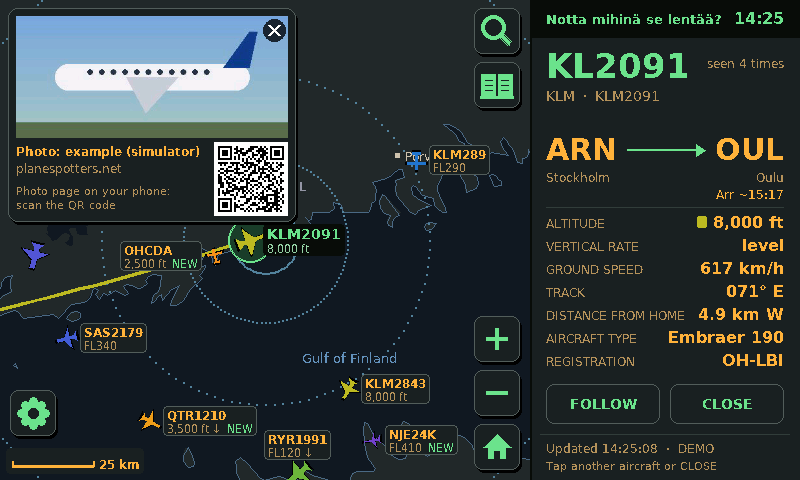 A selected plane with its route and photo